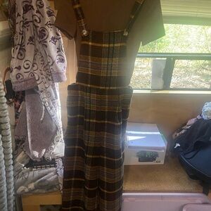 Brown Plaid Overall Dress with T-Shirt